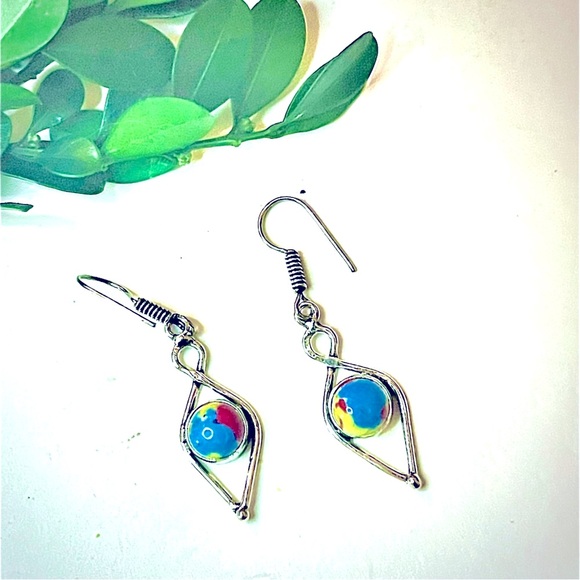 New Artisan Yellow Pink Blue Mosaic Jasper Sterling Silver Minimalist Earrings - Picture 11 of 11